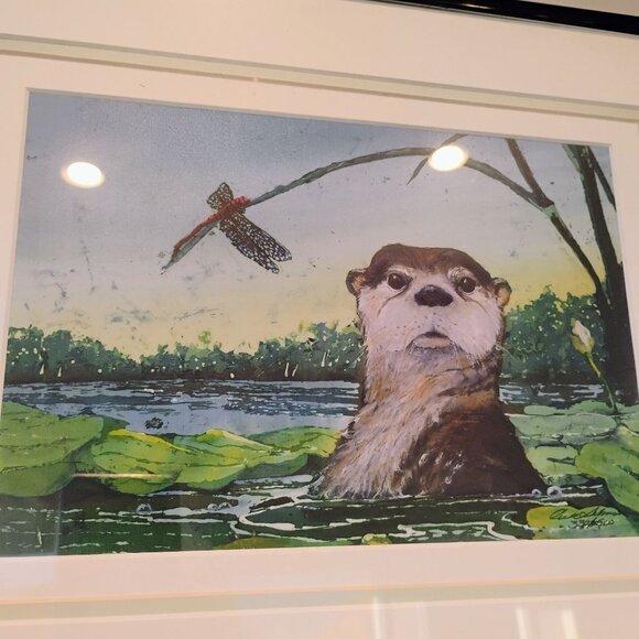 Beth Erlund Johnson Otter Art Print Signed Numbered Pond Scene w/Dragonfly - Picture 3 of 13